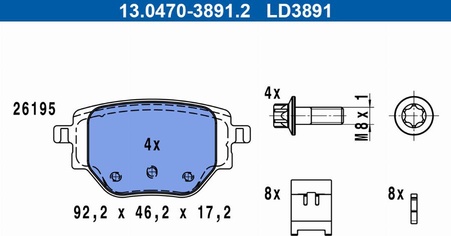 ATE 13.0470-3891.2 - Тормозные колодки, дисковые, комплект autospares.lv