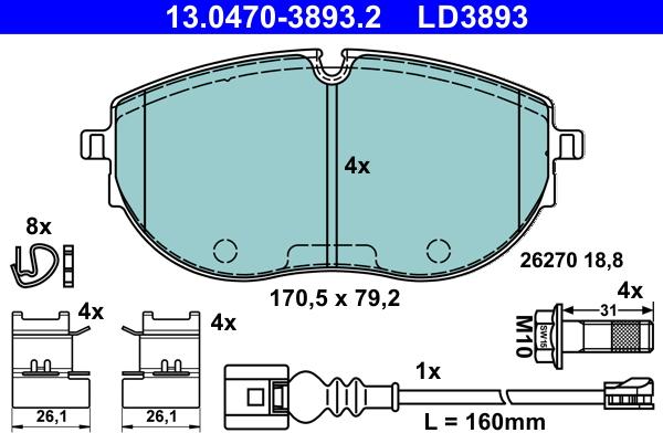 ATE 13.0470-3893.2 - Тормозные колодки, дисковые, комплект autospares.lv