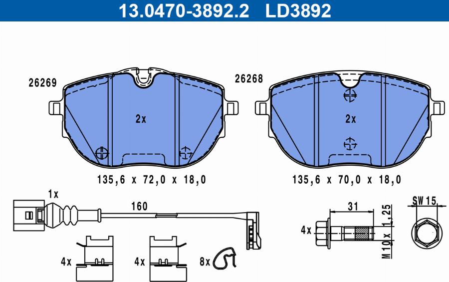 ATE 13.0470-3892.2 - Тормозные колодки, дисковые, комплект autospares.lv