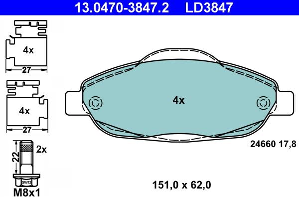 ATE 13.0470-3847.2 - Тормозные колодки, дисковые, комплект autospares.lv