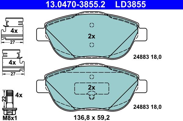 ATE 13.0470-3855.2 - Тормозные колодки, дисковые, комплект autospares.lv