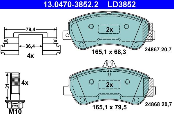 ATE 13.0470-3852.2 - Тормозные колодки, дисковые, комплект autospares.lv