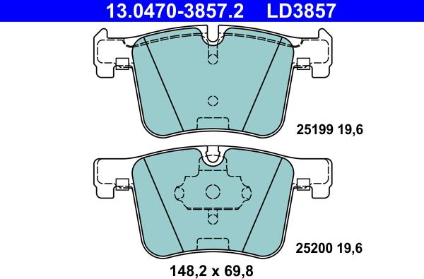 ATE 13.0470-3857.2 - Тормозные колодки, дисковые, комплект autospares.lv