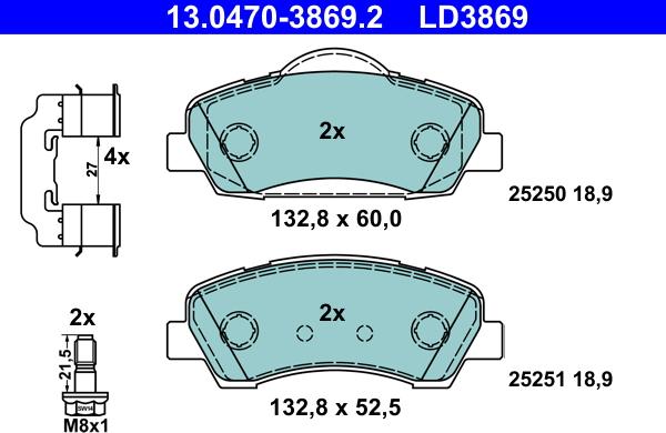 ATE 13.0470-3869.2 - Тормозные колодки, дисковые, комплект autospares.lv