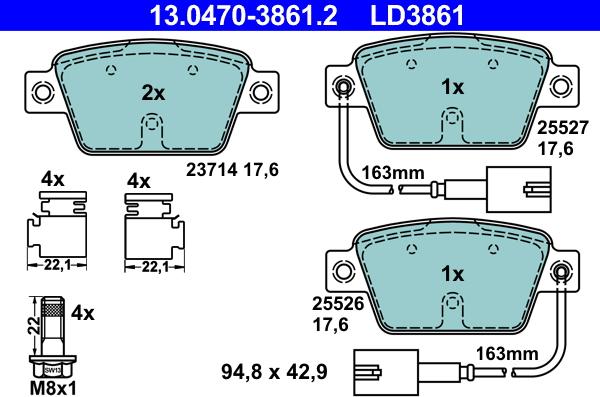 ATE 13.0470-3861.2 - Тормозные колодки, дисковые, комплект autospares.lv