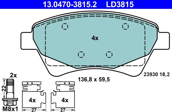 ATE 13.0470-3815.2 - Тормозные колодки, дисковые, комплект autospares.lv