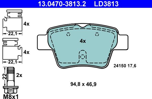 ATE 13.0470-3813.2 - Тормозные колодки, дисковые, комплект autospares.lv