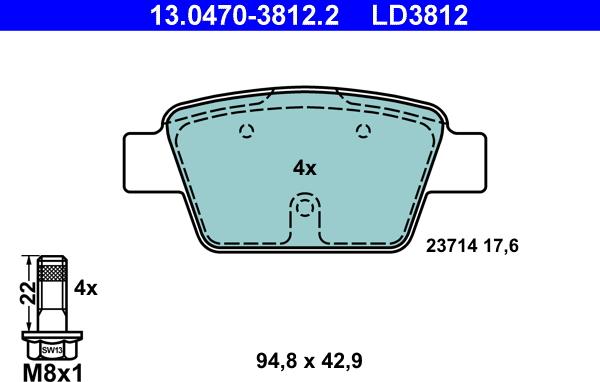 ATE 13.0470-3812.2 - Тормозные колодки, дисковые, комплект autospares.lv