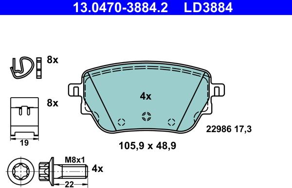 ATE 13.0470-3884.2 - Тормозные колодки, дисковые, комплект autospares.lv