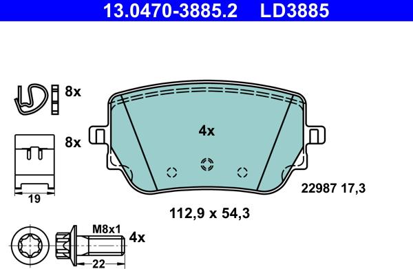 ATE 13.0470-3885.2 - Тормозные колодки, дисковые, комплект autospares.lv