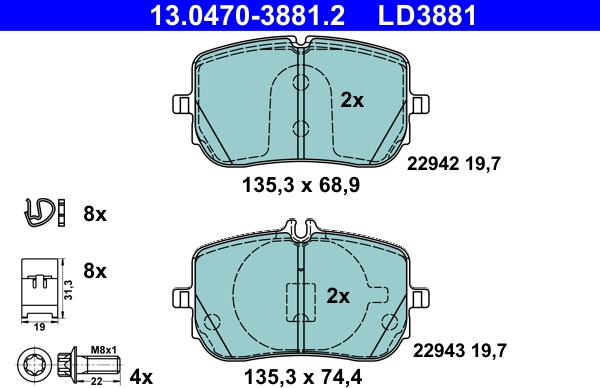 ATE 13.0470-3881.2 - Тормозные колодки, дисковые, комплект autospares.lv