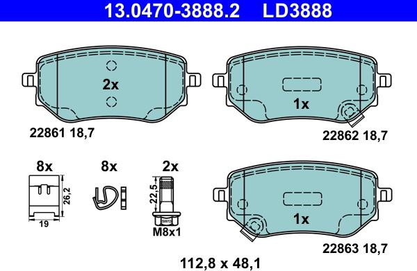 ATE 13.0470-3888.2 - Тормозные колодки, дисковые, комплект autospares.lv