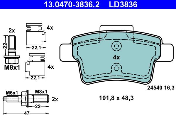 ATE 13.0470-3836.2 - Тормозные колодки, дисковые, комплект autospares.lv