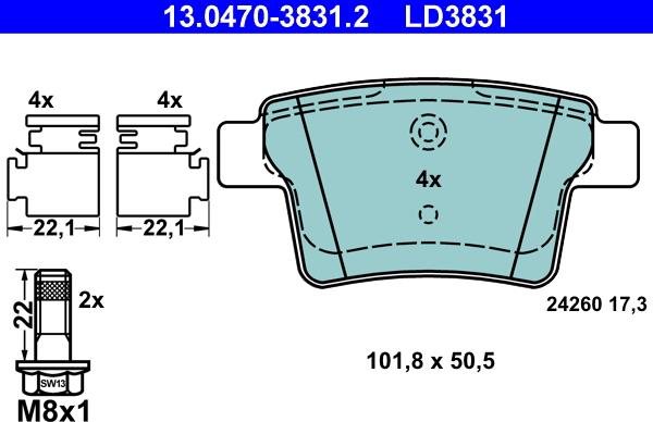 ATE 13.0470-3831.2 - Тормозные колодки, дисковые, комплект autospares.lv