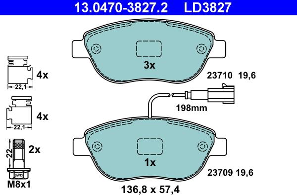 ATE 13.0470-3827.2 - Тормозные колодки, дисковые, комплект autospares.lv