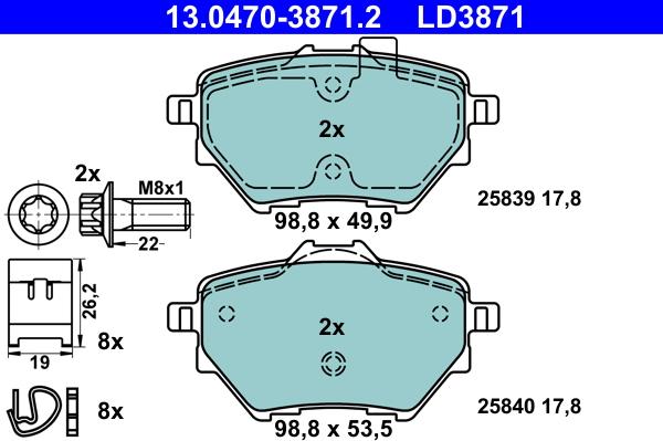 ATE 13.0470-3871.2 - Тормозные колодки, дисковые, комплект autospares.lv