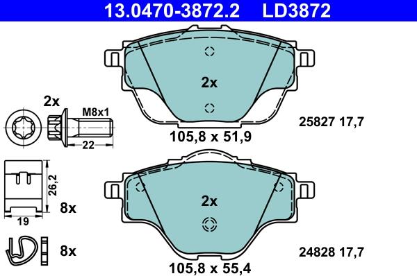 ATE 13.0470-3872.2 - Тормозные колодки, дисковые, комплект autospares.lv