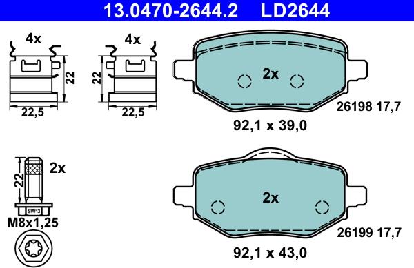 ATE 13.0470-2644.2 - Тормозные колодки, дисковые, комплект autospares.lv