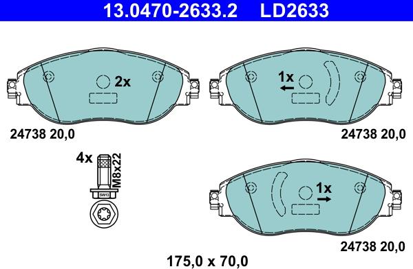 ATE 13.0470-2633.2 - Тормозные колодки, дисковые, комплект autospares.lv