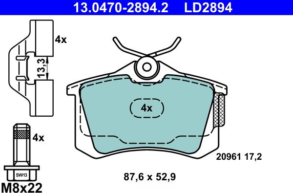 ATE 13.0470-2894.2 - Тормозные колодки, дисковые, комплект autospares.lv