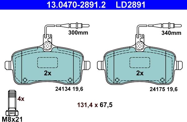 ATE 13.0470-2891.2 - Тормозные колодки, дисковые, комплект autospares.lv