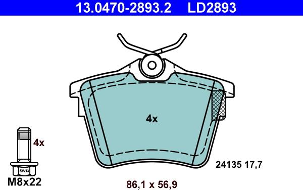 ATE 13.0470-2893.2 - Тормозные колодки, дисковые, комплект autospares.lv