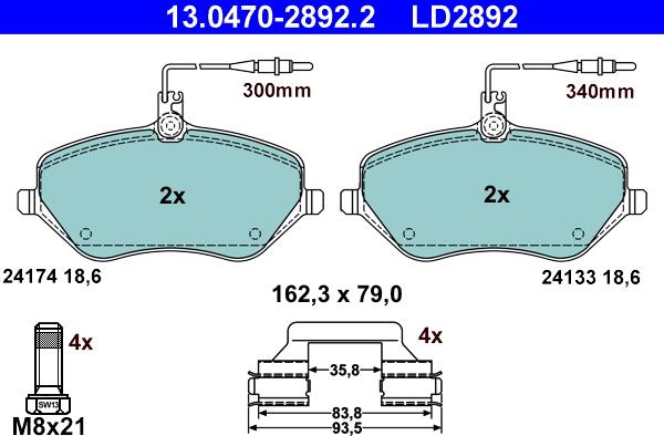 ATE 13.0470-2892.2 - Тормозные колодки, дисковые, комплект autospares.lv