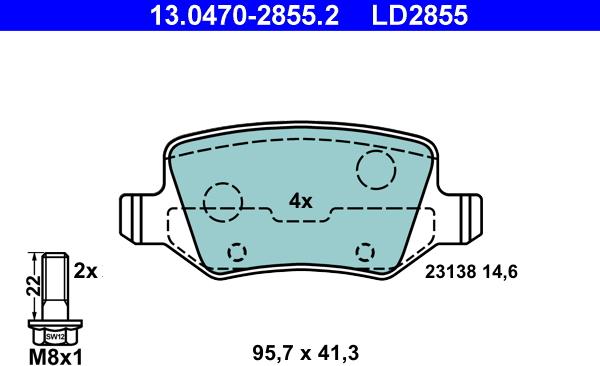 ATE 13.0470-2855.2 - Тормозные колодки, дисковые, комплект autospares.lv