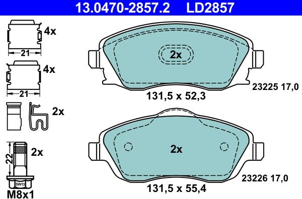 ATE 13.0470-2857.2 - Тормозные колодки, дисковые, комплект autospares.lv