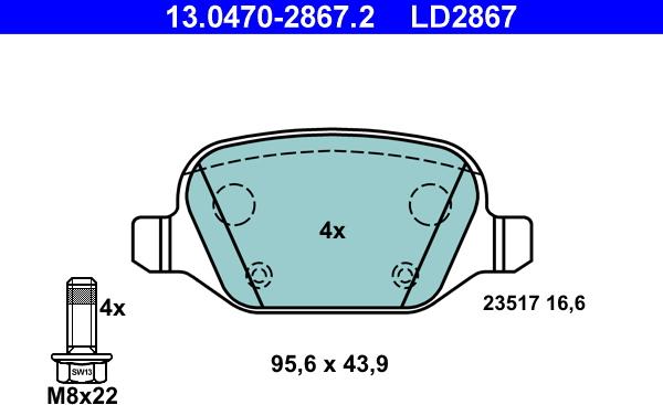 ATE 13.0470-2867.2 - Тормозные колодки, дисковые, комплект autospares.lv