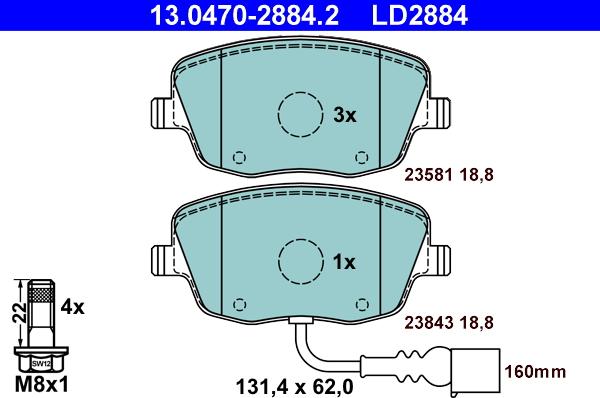 ATE 13.0470-2884.2 - Тормозные колодки, дисковые, комплект autospares.lv