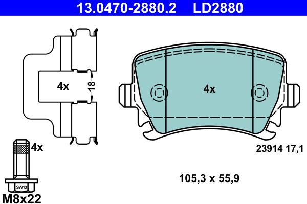 ATE 13.0470-2880.2 - Тормозные колодки, дисковые, комплект autospares.lv