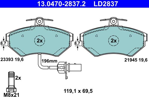 ATE 13.0470-2837.2 - Тормозные колодки, дисковые, комплект autospares.lv