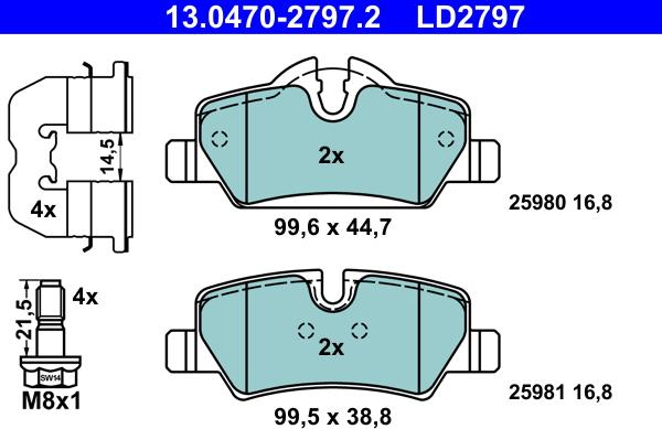 ATE 13.0470-2797.2 - Тормозные колодки, дисковые, комплект autospares.lv