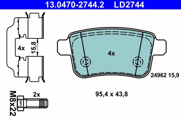 ATE 13.0470-2744.2 - Тормозные колодки, дисковые, комплект autospares.lv