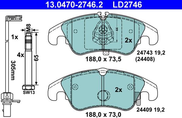 ATE 13.0470-2746.2 - Тормозные колодки, дисковые, комплект autospares.lv