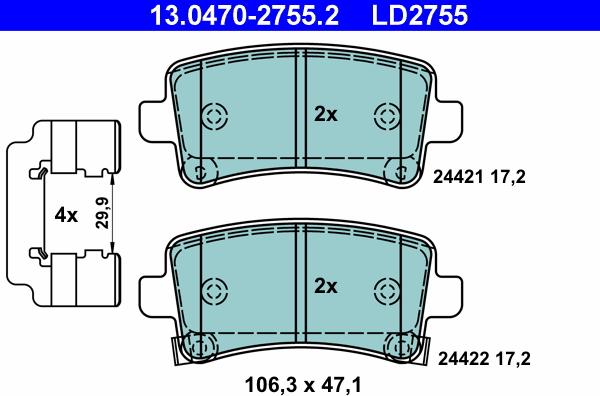 ATE 13.0470-2755.2 - Тормозные колодки, дисковые, комплект autospares.lv