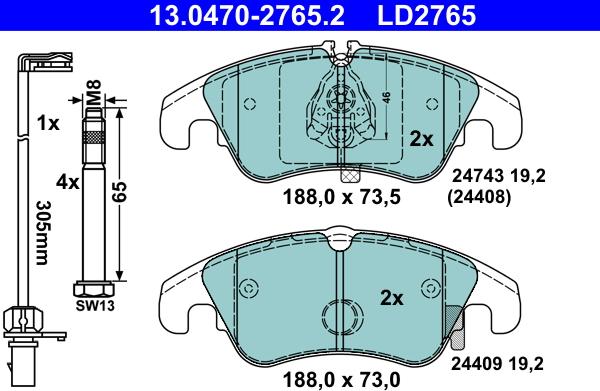 ATE 13.0470-2765.2 - Тормозные колодки, дисковые, комплект autospares.lv