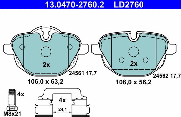 ATE 13.0470-2760.2 - Тормозные колодки, дисковые, комплект autospares.lv