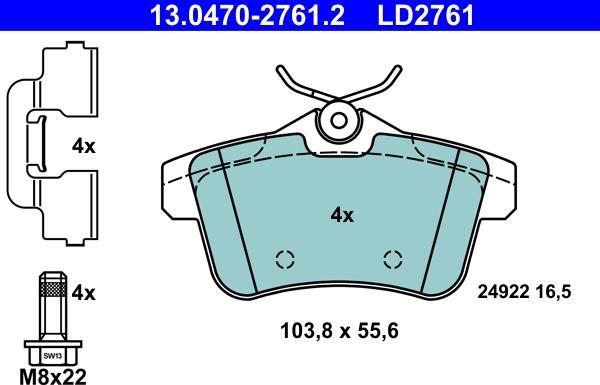 ATE 13.0470-2761.2 - Тормозные колодки, дисковые, комплект autospares.lv