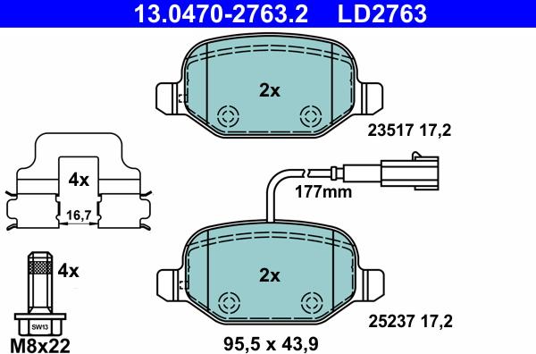 ATE 13.0470-2763.2 - Тормозные колодки, дисковые, комплект autospares.lv