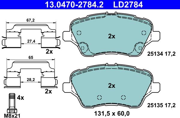 ATE 13.0470-2784.2 - Тормозные колодки, дисковые, комплект autospares.lv