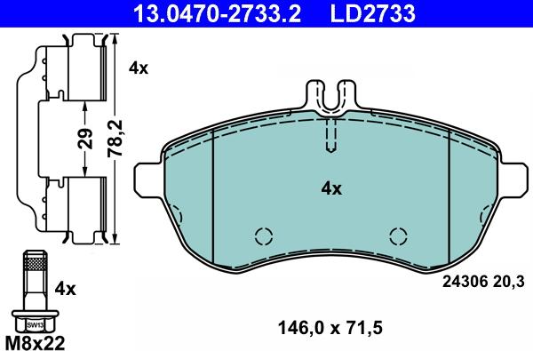 ATE 13.0470-2733.2 - Тормозные колодки, дисковые, комплект autospares.lv