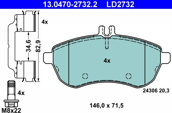 ATE 13.0470-2732.2 - Тормозные колодки, дисковые, комплект autospares.lv