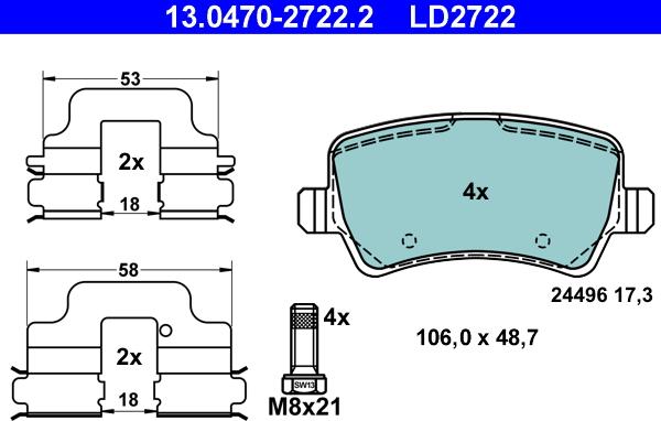 ATE 13.0470-2722.2 - Тормозные колодки, дисковые, комплект autospares.lv