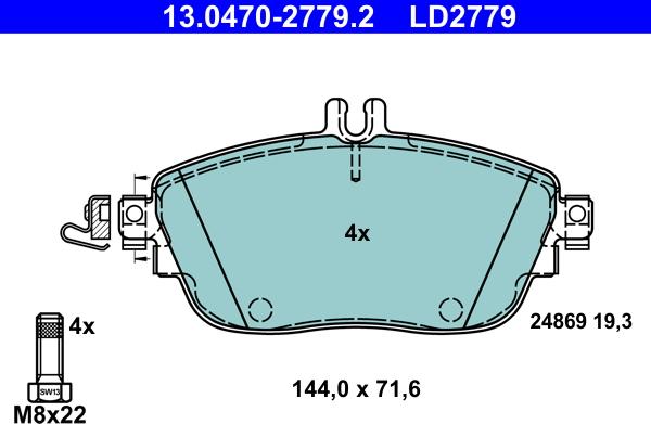 ATE 13.0470-2779.2 - Тормозные колодки, дисковые, комплект autospares.lv