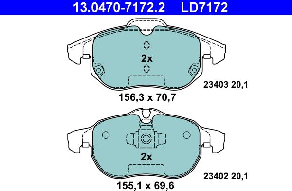 ATE 13.0470-7172.2 - Тормозные колодки, дисковые, комплект autospares.lv