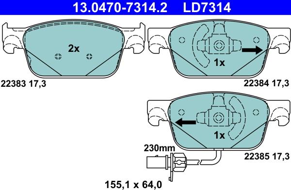 ATE 13.0470-7314.2 - Тормозные колодки, дисковые, комплект autospares.lv