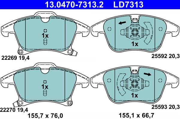 ATE 13.0470-7313.2 - Тормозные колодки, дисковые, комплект autospares.lv