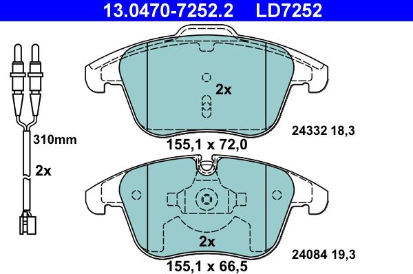 ATE 13.0470-7252.2 - Тормозные колодки, дисковые, комплект autospares.lv